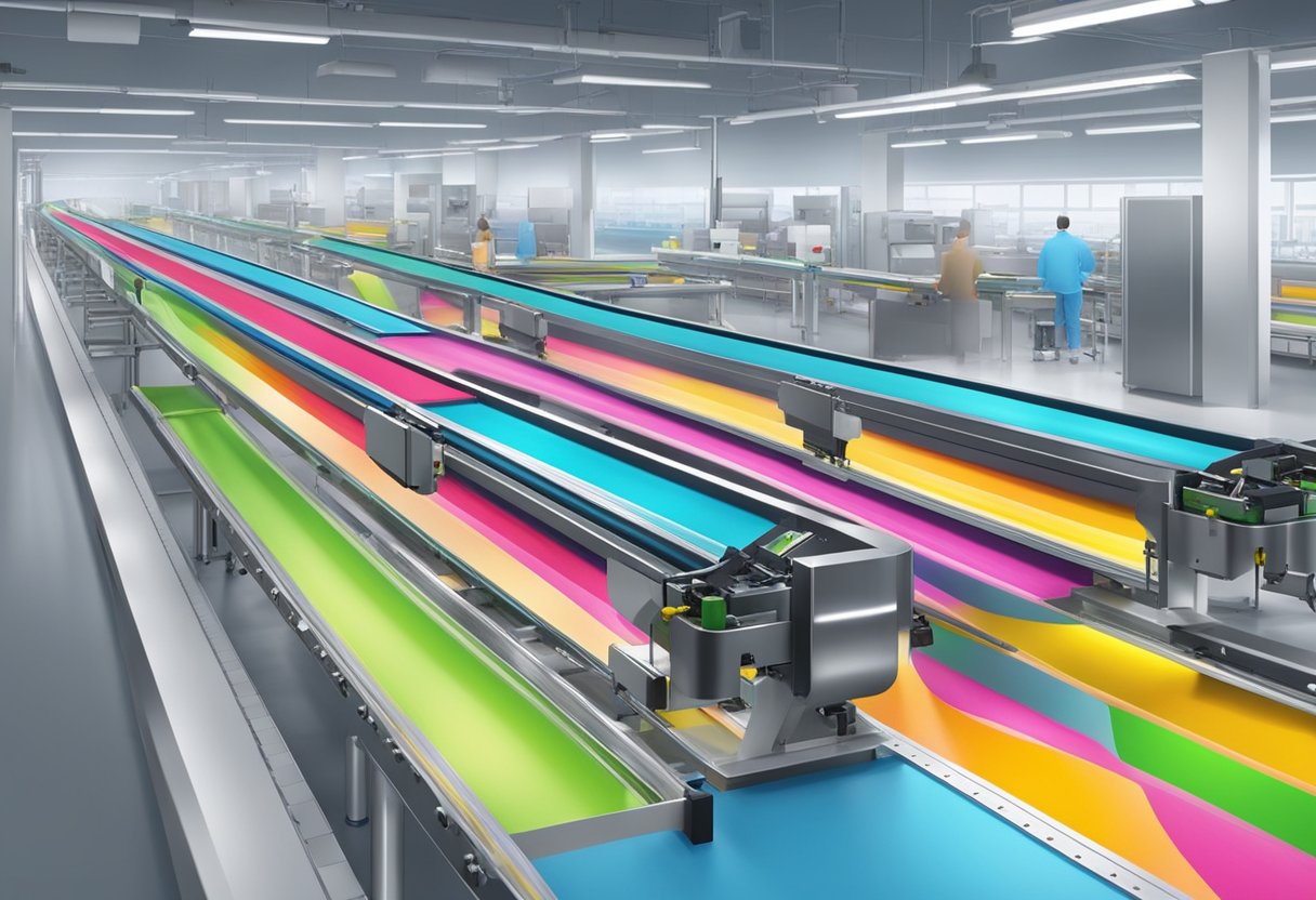 A colorful conveyor belt moves products with the brand name "Zip Nada Zilch" through a high-tech assembly line, showcasing efficiency and precision