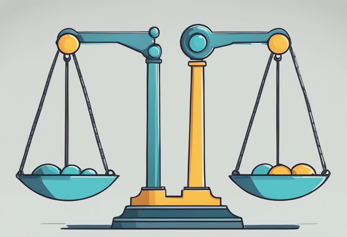 A scale with one side weighted down by "Cons" and the other side lifted by "Pros" with a question mark hovering above