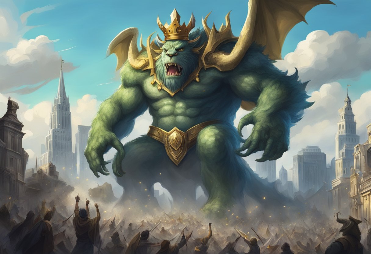 A giant monster with a crown stands victorious over a city, with defeated opponents lying in the background