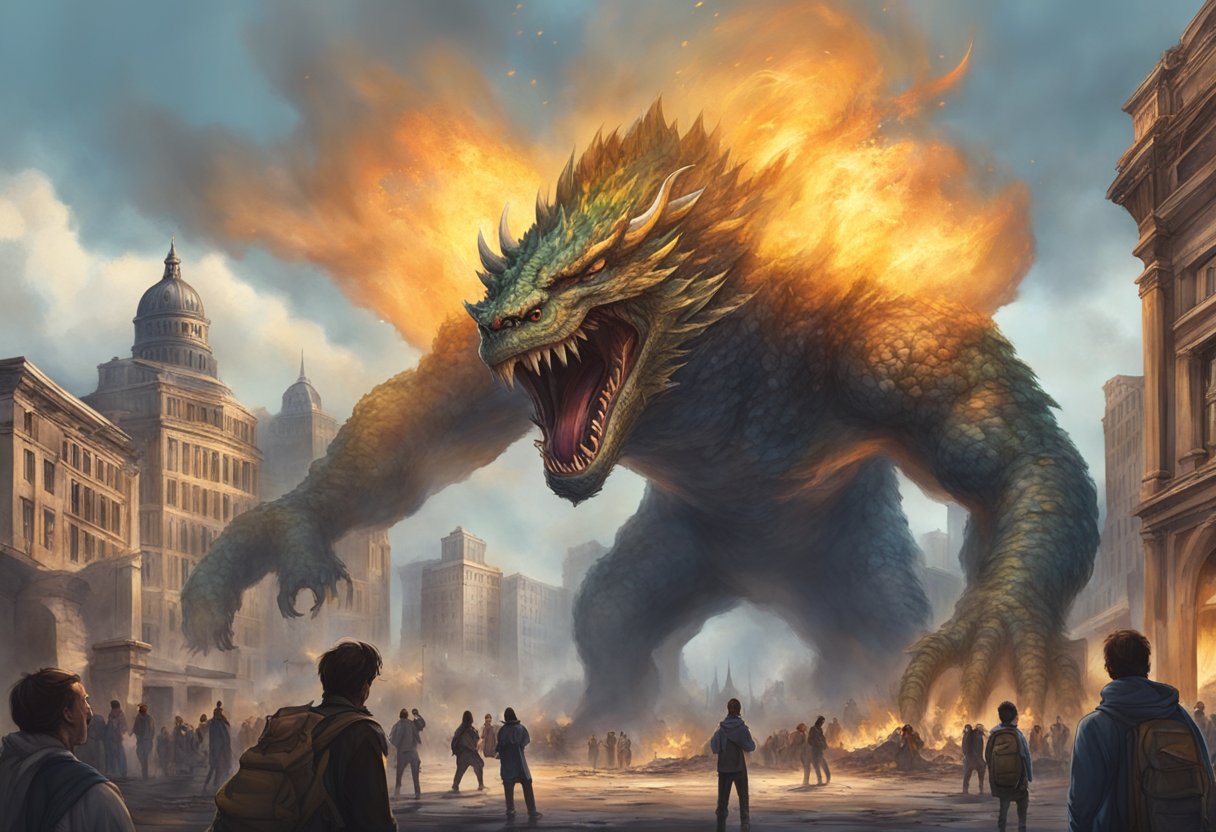 A giant, fire-breathing monster stands victorious over a city, with buildings in ruins and terrified onlookers fleeing in the background