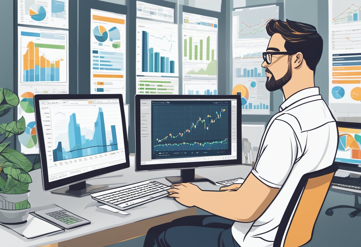 A person analyzing market data on a computer screen, surrounded by charts and graphs, with a prominent "Winnerzilla Review" headline