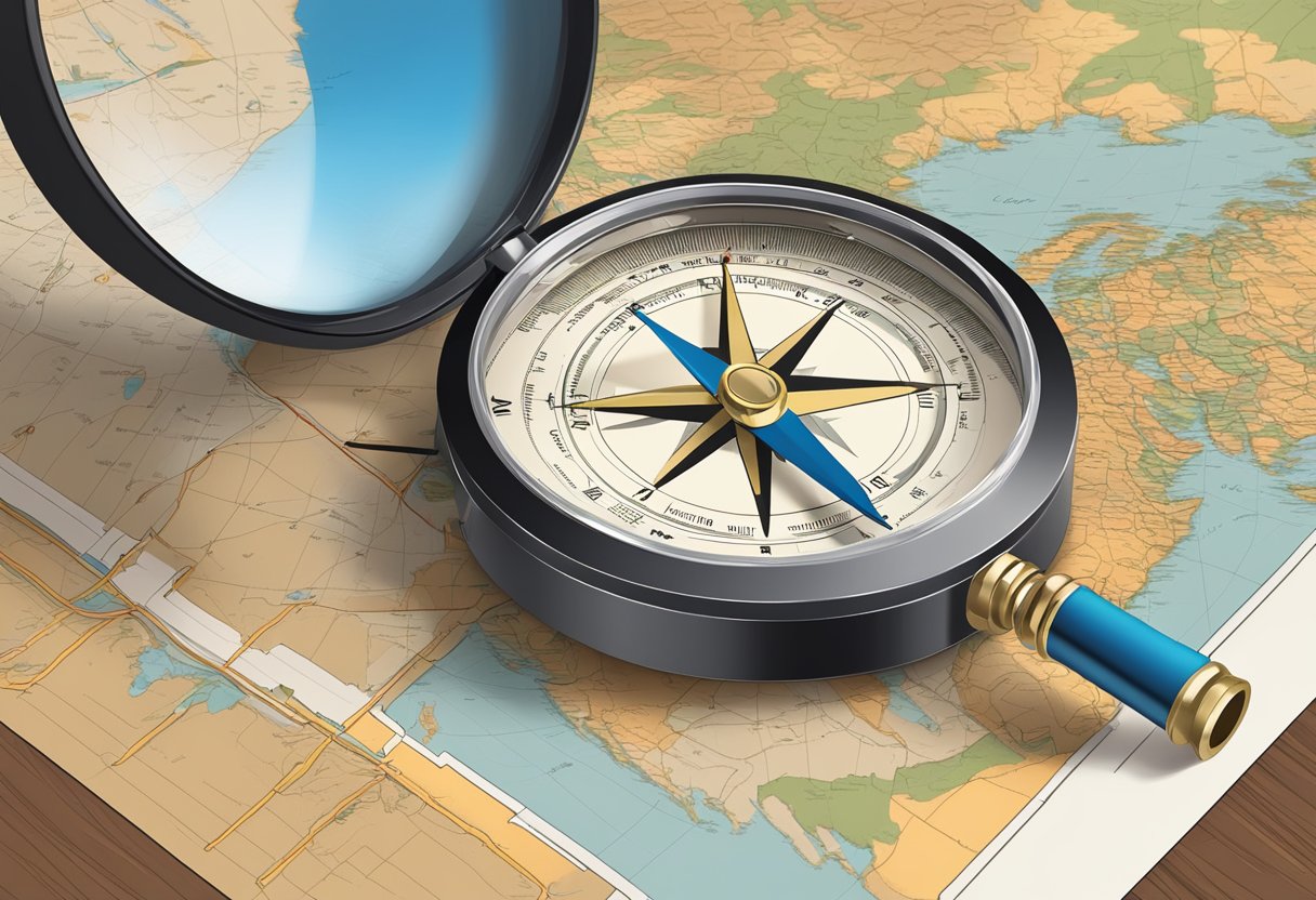 A compass pointing towards a clear path, surrounded by a map and a magnifying glass