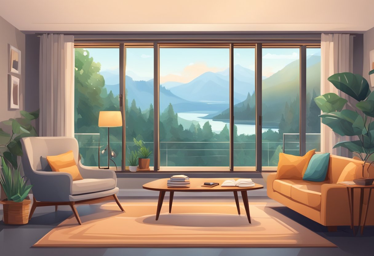 A cozy, modern living room with a large window overlooking a scenic view. A comfortable sofa, a fireplace, and a desk with a laptop and notes