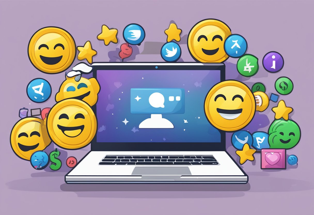 A laptop displaying "Kashkick Review" surrounded by positive emojis and dollar signs