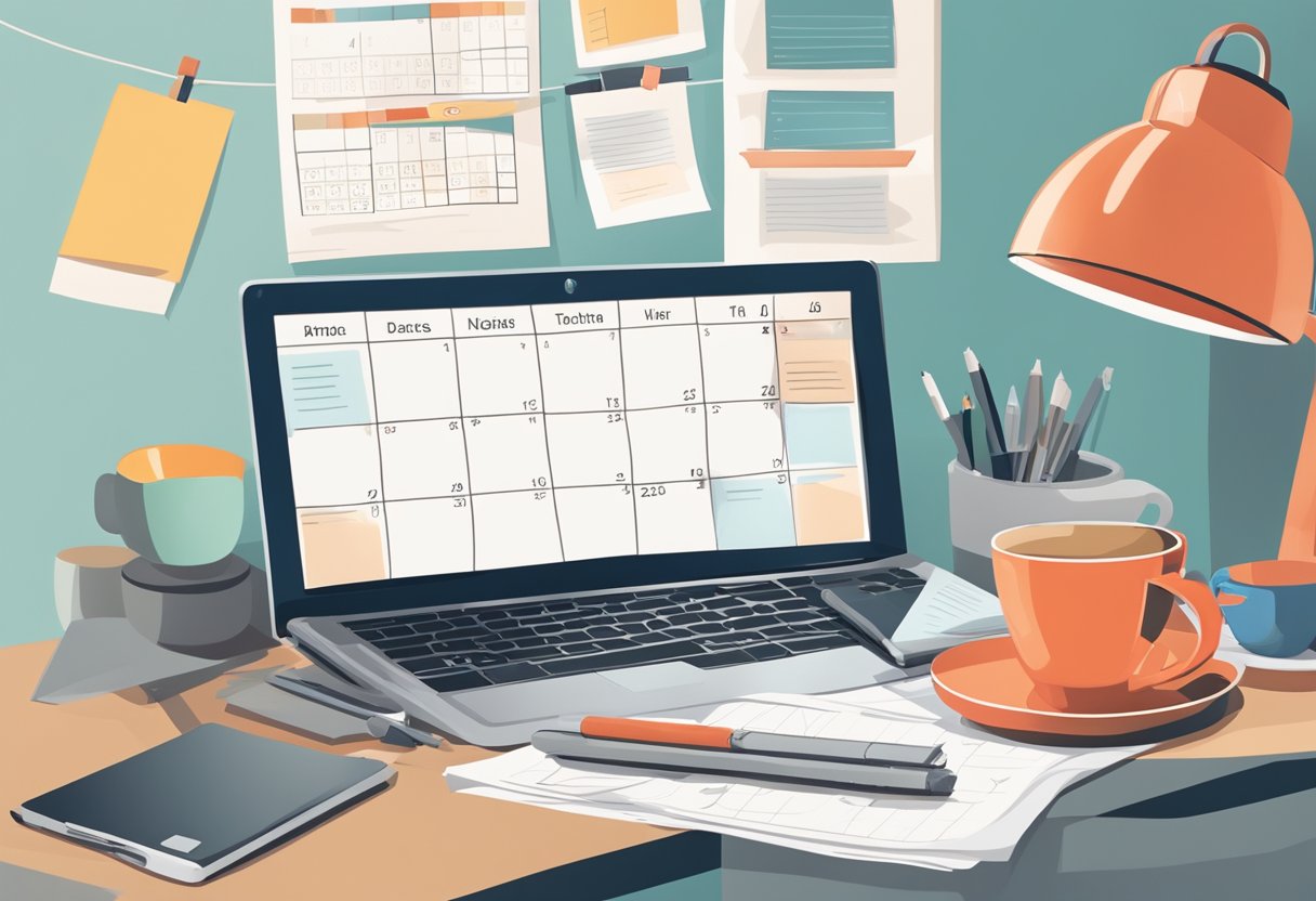 A desk cluttered with papers, a laptop, and a cup of coffee. A calendar on the wall shows a date circled in red. A phone and a notebook sit on the desk