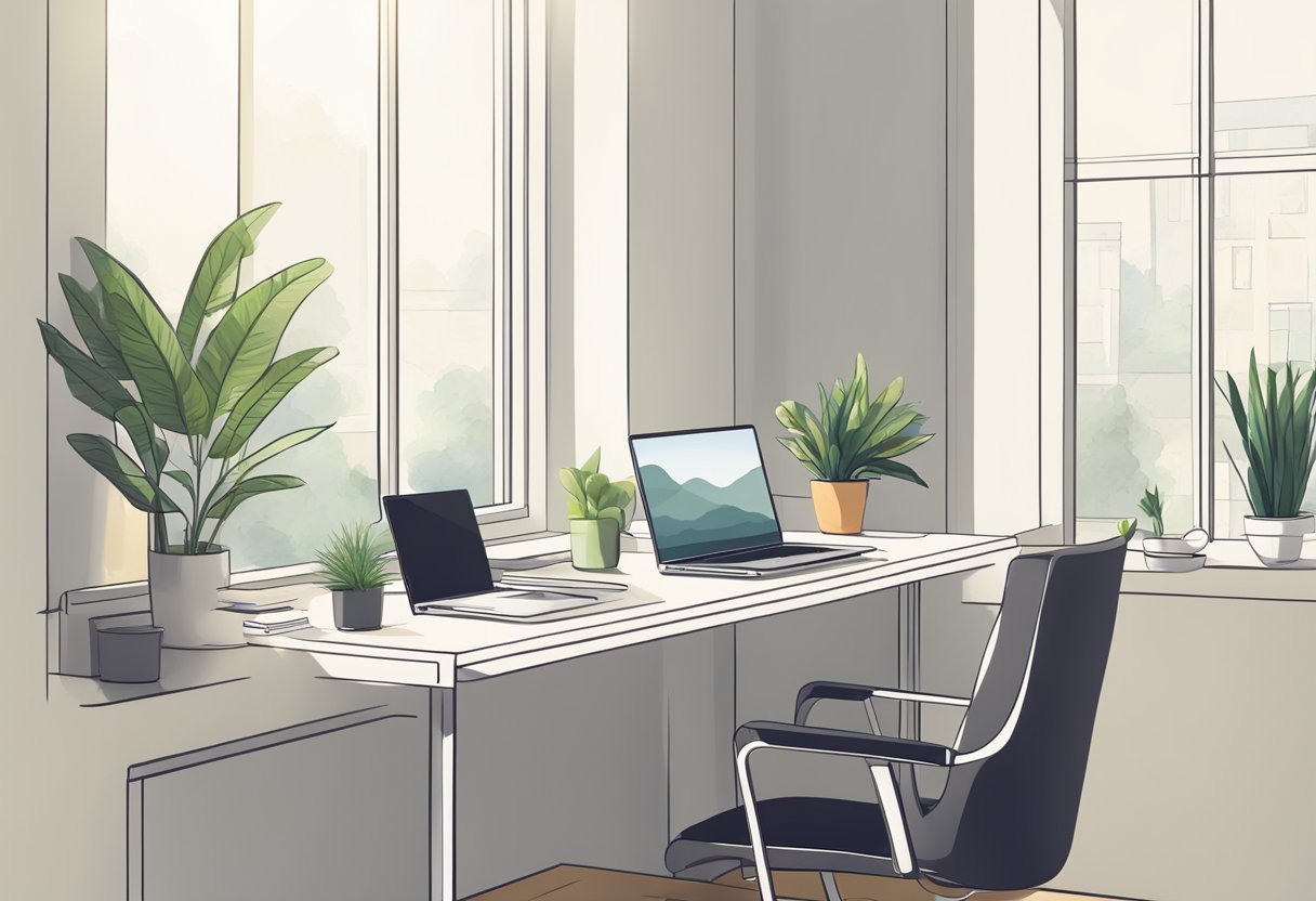 A clutter-free desk with a laptop, notebook, and pen. A plant in a sunny window. A clean, minimalist workspace