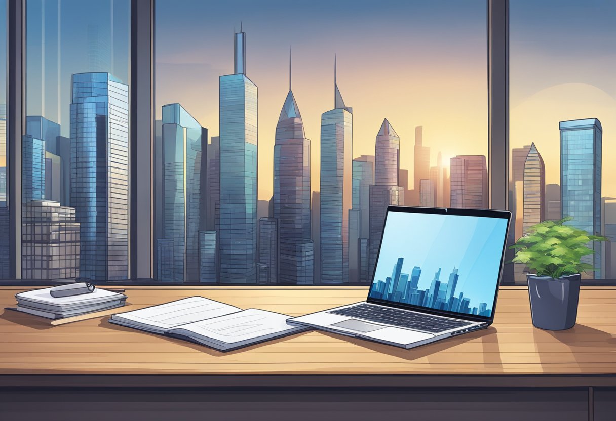 A desk with a laptop, notebook, and pen. A chart on the wall showing growth. A window with city skyline in the background