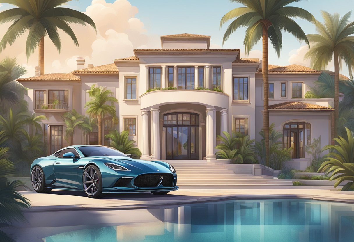 A luxurious mansion with a sleek sports car parked out front, surrounded by palm trees and a sparkling pool, symbolizing Jordan Welch's high net worth