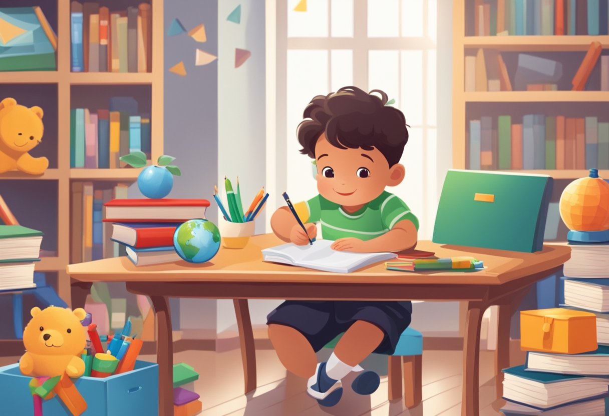 A young child sits at a desk, surrounded by books and educational toys. A diploma hangs on the wall, symbolizing academic achievement