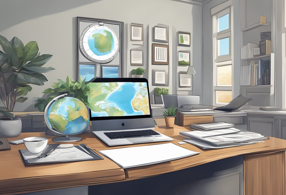 Jordan Welch's professional career and online business are depicted through a sleek office desk with a laptop, financial documents, and a globe, symbolizing global success