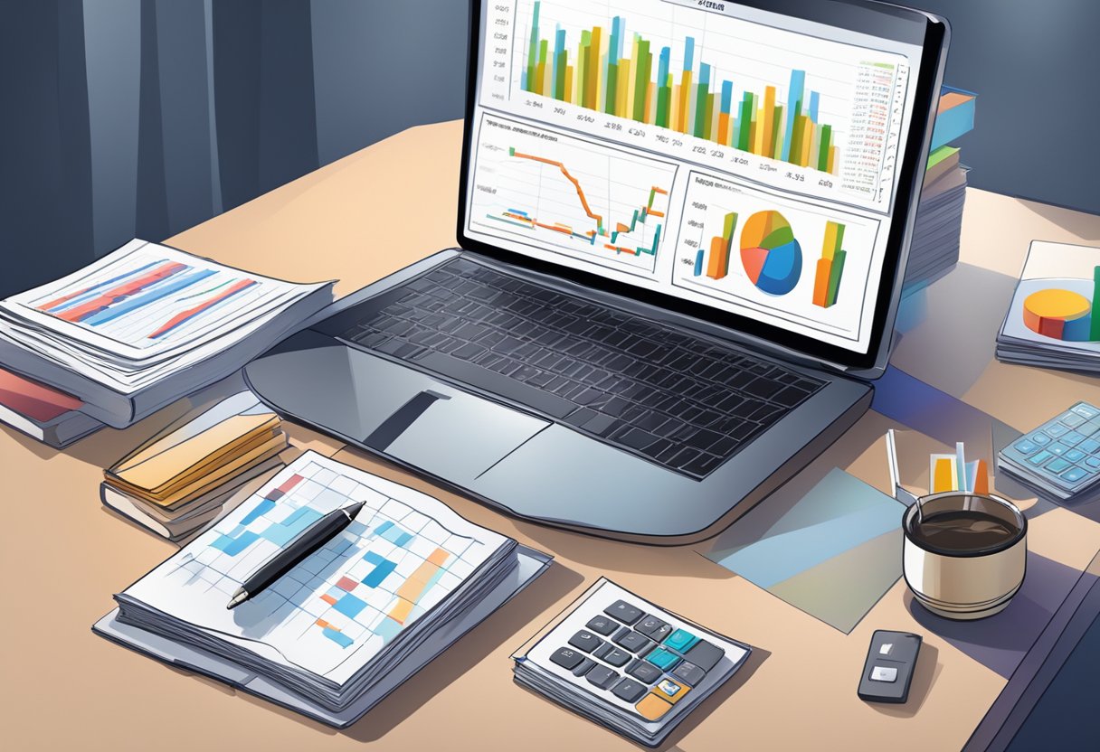 A table with financial charts, a computer screen showing stock prices, and a stack of investment books