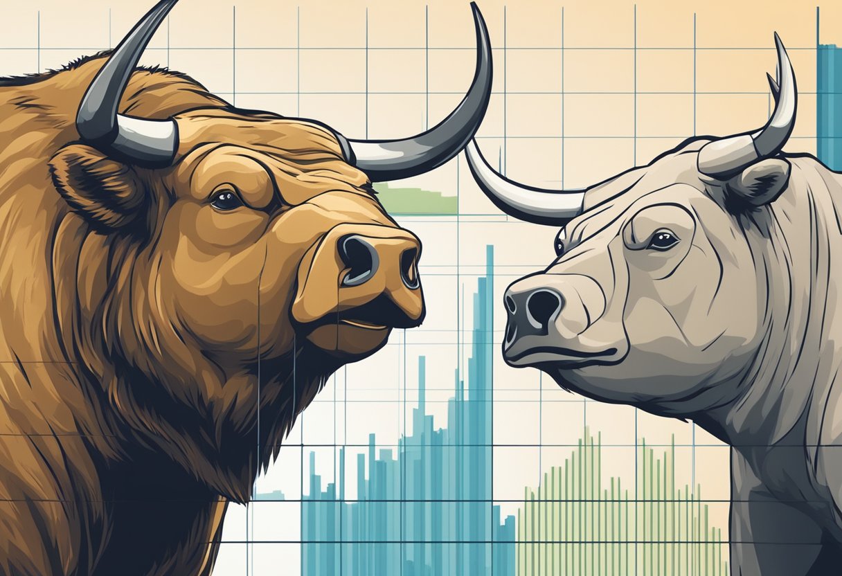 A bull and a bear facing each other, with a stock market chart in the background, symbolizing the dynamic nature of investment strategies