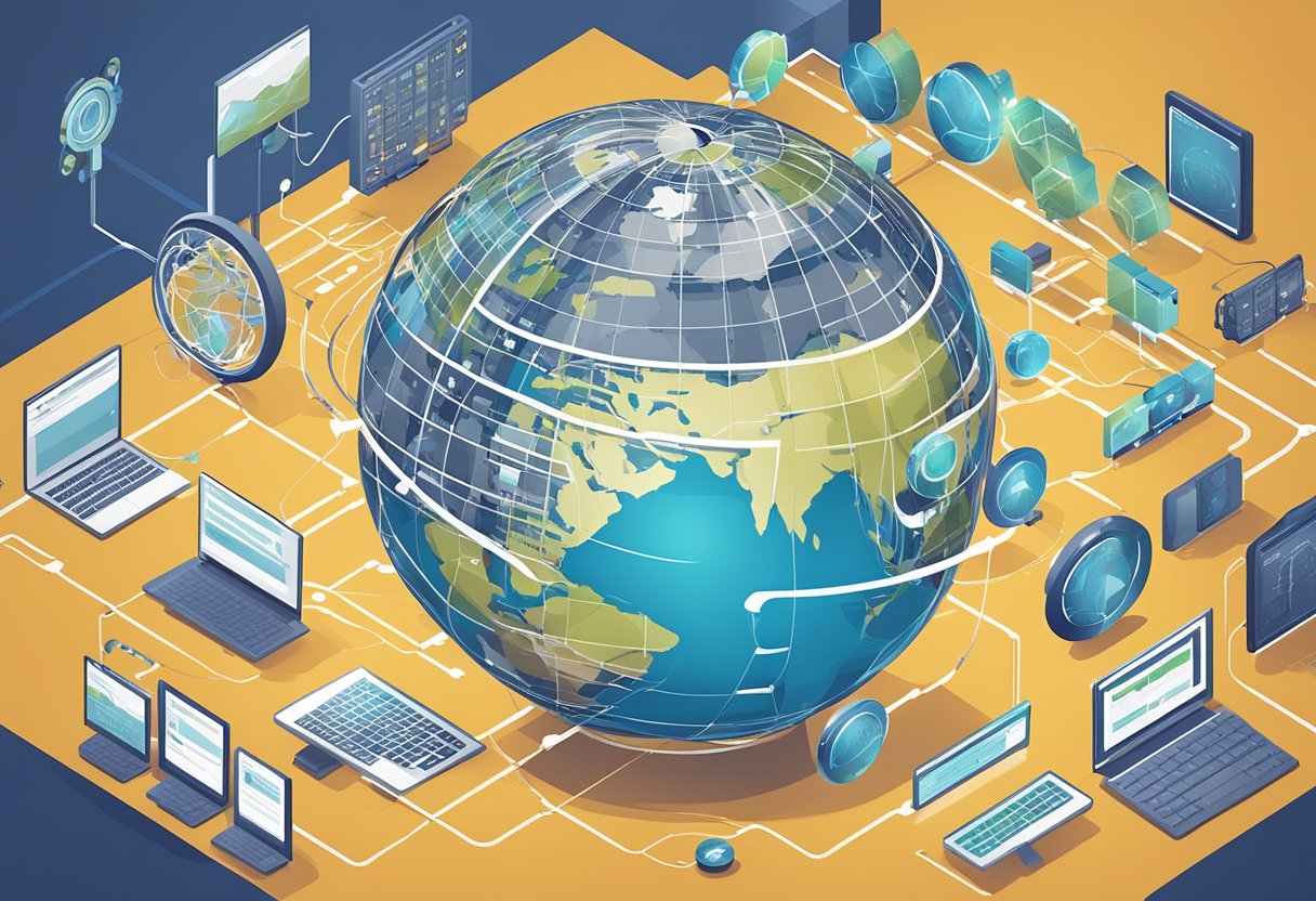 A globe surrounded by interconnected technology devices, representing Ihub Global's global reach and technological expertise