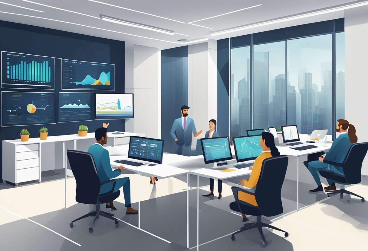 A sleek, modern office space with graphs and charts displayed on large screens, while a team of professionals engage in lively discussions about investment strategies and value considerations