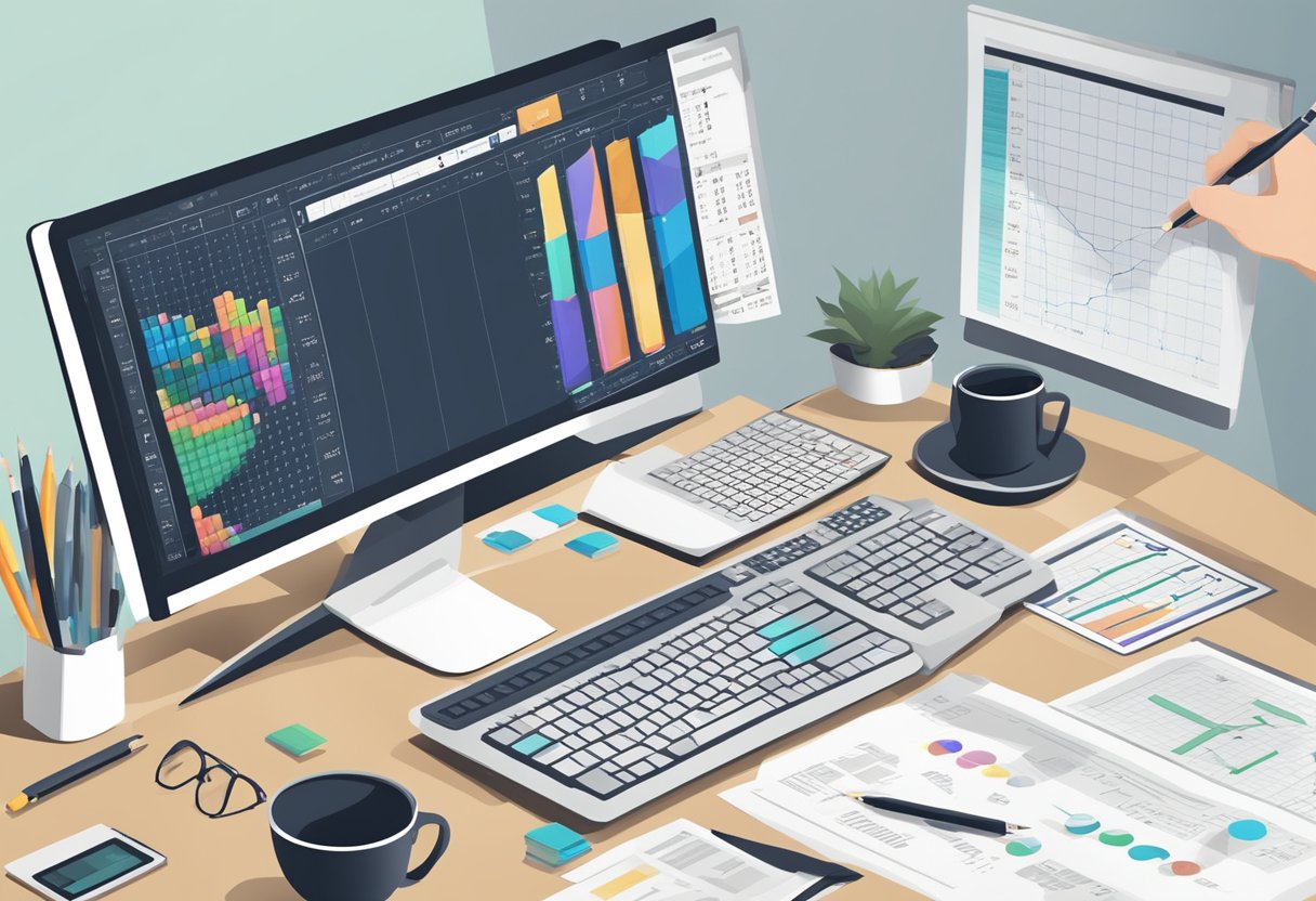 A sleek, modern computer with lotto numbers displayed on the screen, surrounded by charts and graphs. A hand reaches for a pen and paper to jot down calculations