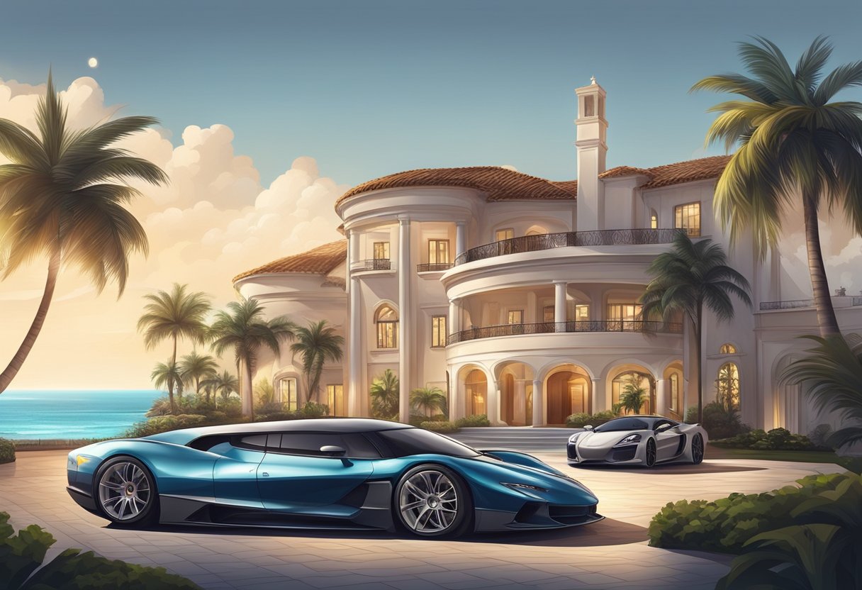 A luxurious mansion with sports cars and a private jet parked outside, surrounded by palm trees and a stunning view of the ocean