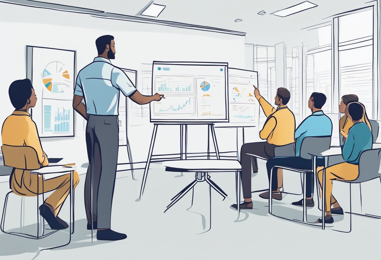 A person standing in front of a whiteboard, pointing to diagrams and charts while speaking to a group of attentive listeners