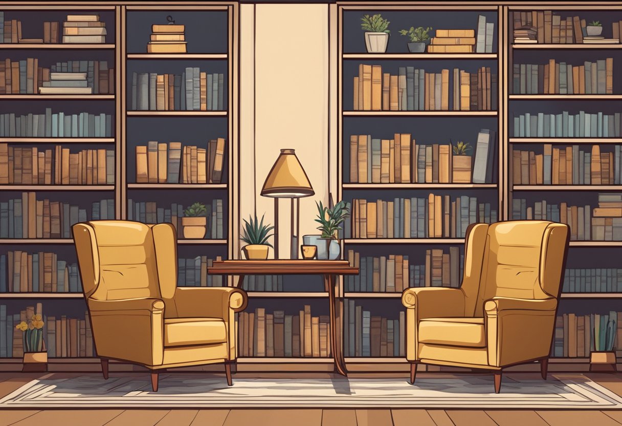 Two identical bookshelves stand side by side, filled with neatly arranged books and decorative items. A cozy armchair sits in the middle, with a small table holding a cup of tea and a reading lamp nearby
