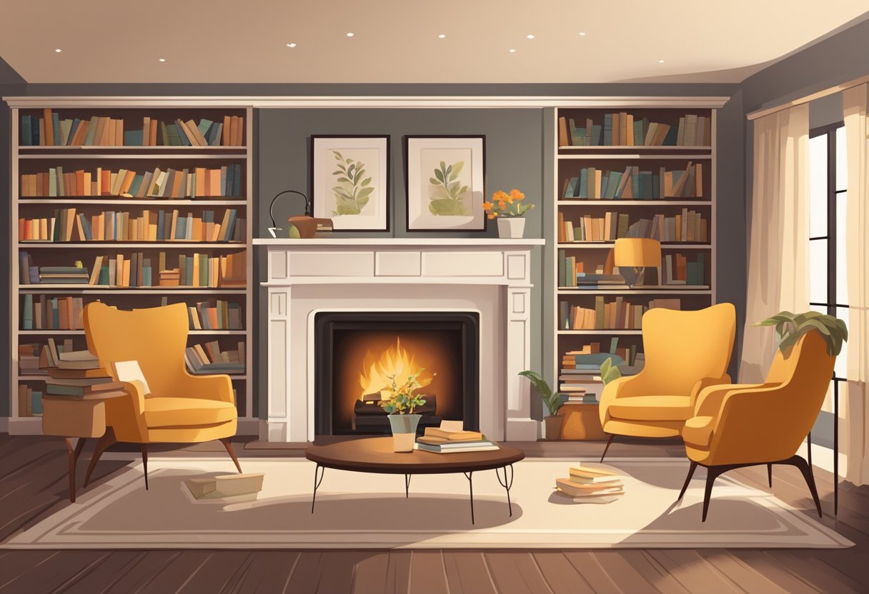 A cozy living room with two identical armchairs facing a fireplace. Bookshelves line the walls, filled with novels and family photos. A warm, inviting atmosphere