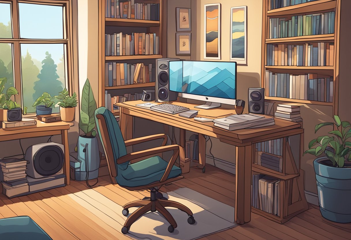 The scene depicts a cozy home office with a computer, microphone, and headphones. A bookshelf filled with audiobooks stands in the background. The room is well-lit and inviting