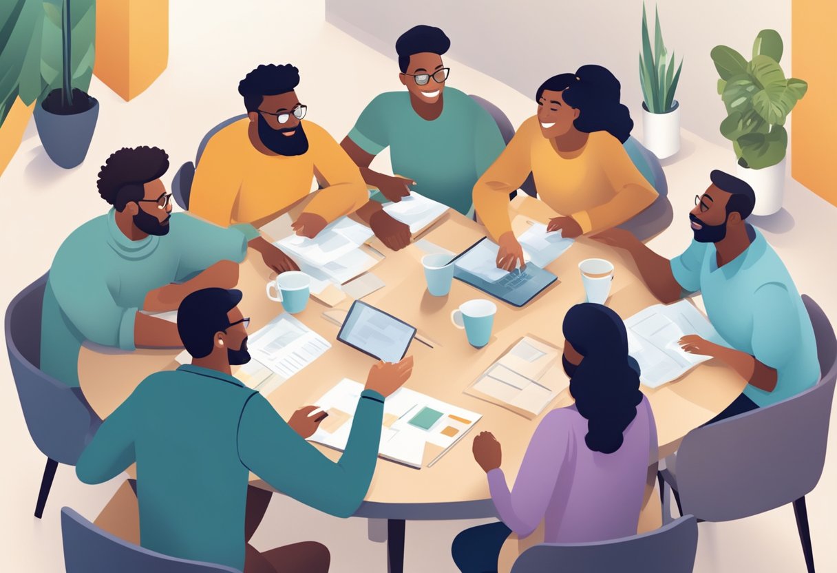 A diverse group of people gather around a table, exchanging ideas and support. Smiling faces and animated gestures show a sense of community and collaboration