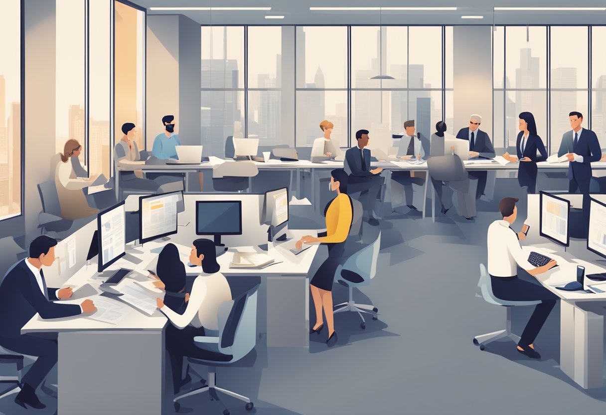 A bustling office space with employees engaged in financial discussions and meetings, while others are seen reviewing documents and charts