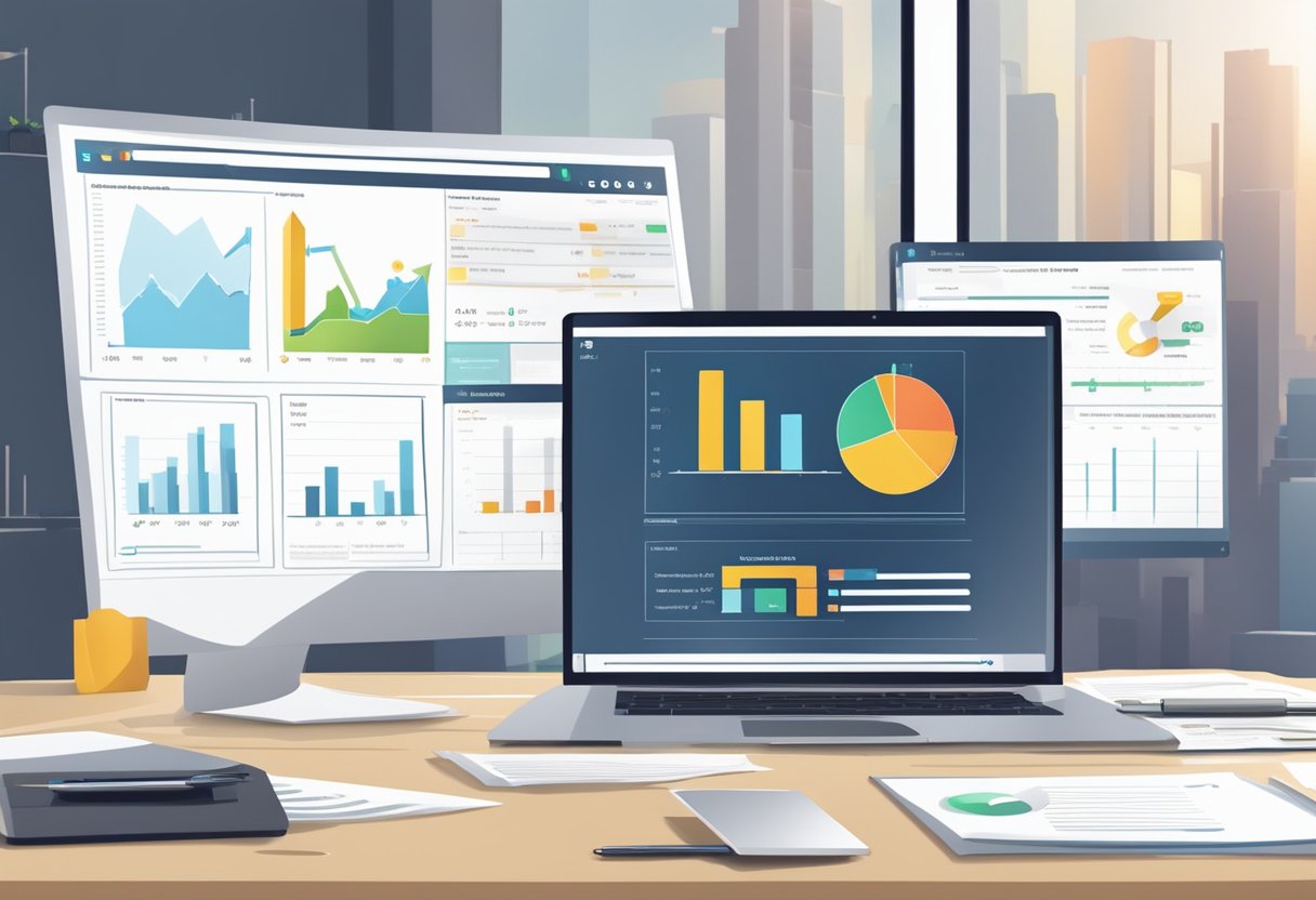 A financial report and customer feedback forms lay on a desk, with charts and graphs displayed on a computer screen in the background