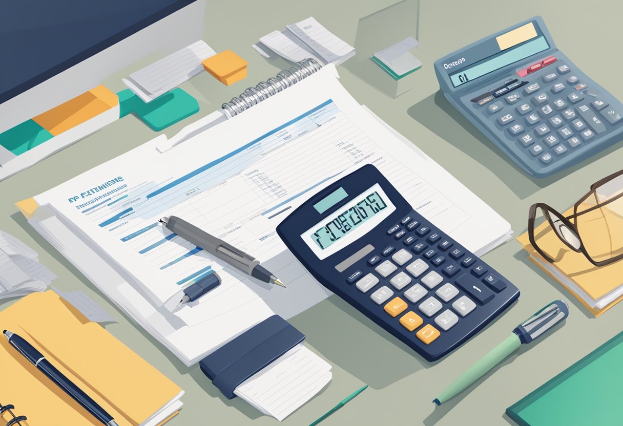 A table with a stack of documents, a pen, and a calculator. A laptop displaying "Policy Features and Benefits Primerica Review."