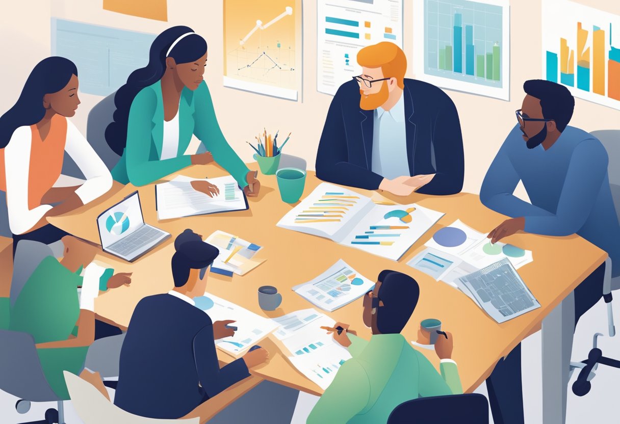 A group of diverse individuals gather around a table, discussing and brainstorming ideas. Charts, graphs, and various resources are displayed, symbolizing support and collaboration