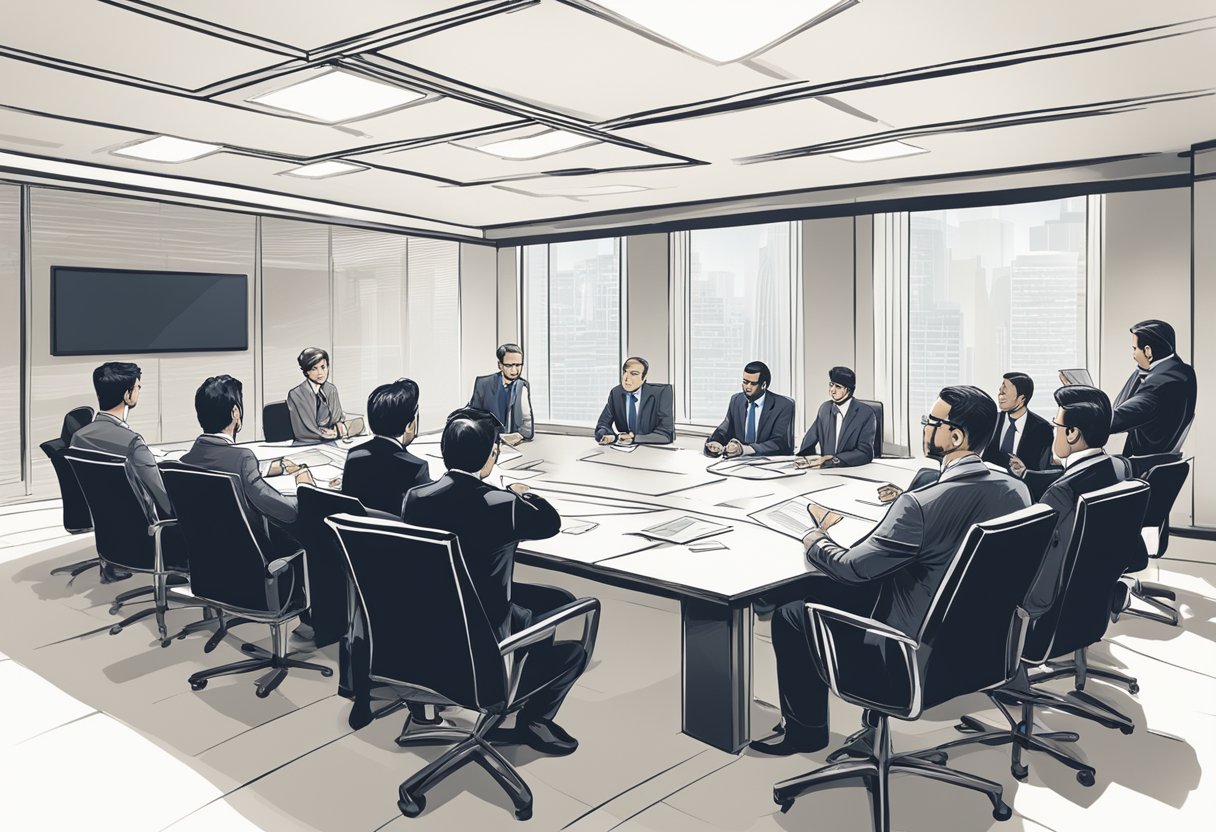 A group of professionals in a boardroom, discussing investment strategies and reviewing capital syndicate opportunities. Charts and graphs are displayed on the walls, and everyone is engaged in the conversation