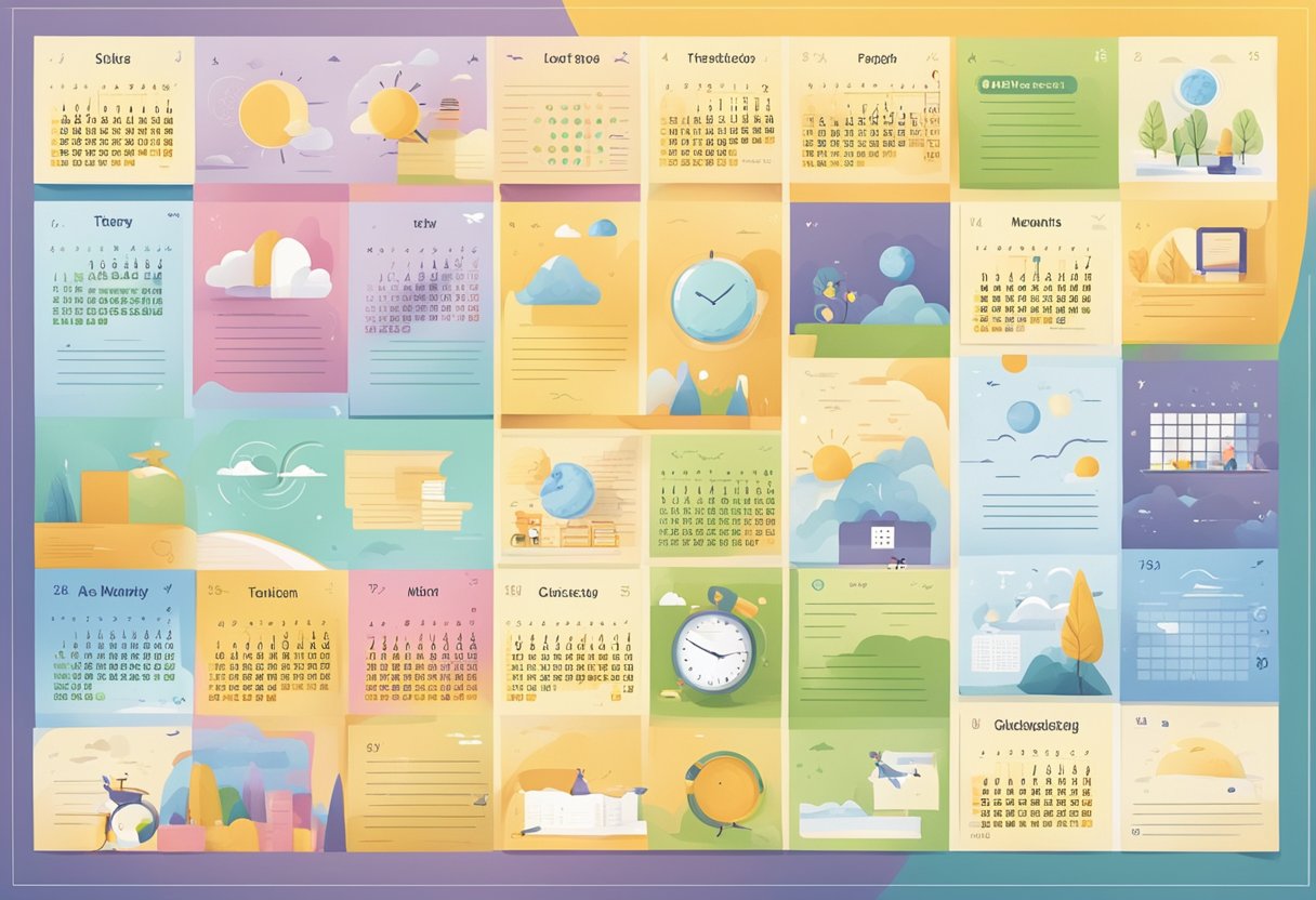 A calendar with 90 days marked off, surrounded by motivational quotes and symbols of progress and achievement