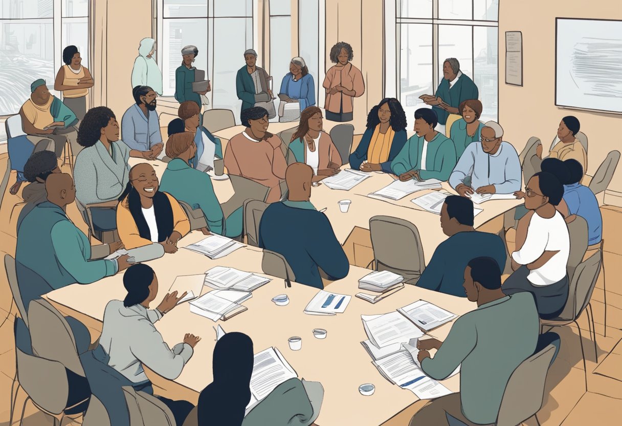 The scene depicts a diverse group of people engaging in a lively discussion about the benefits of the "90 Days to Freedom" program. Tables are covered with informational materials and participants are actively sharing their experiences and insights