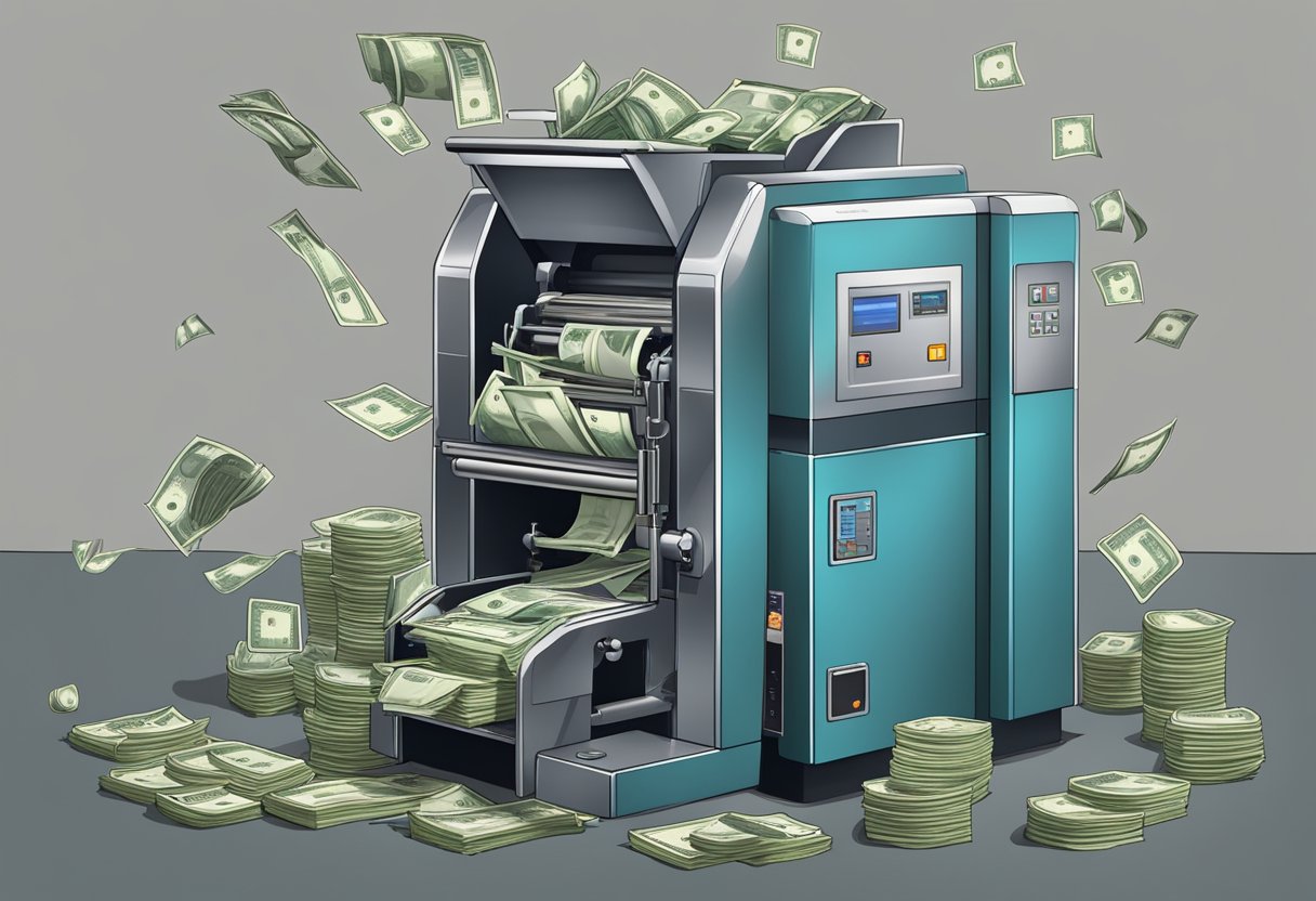 A large money press machine in action, with stacks of bills being fed into the machine and new bills coming out the other side