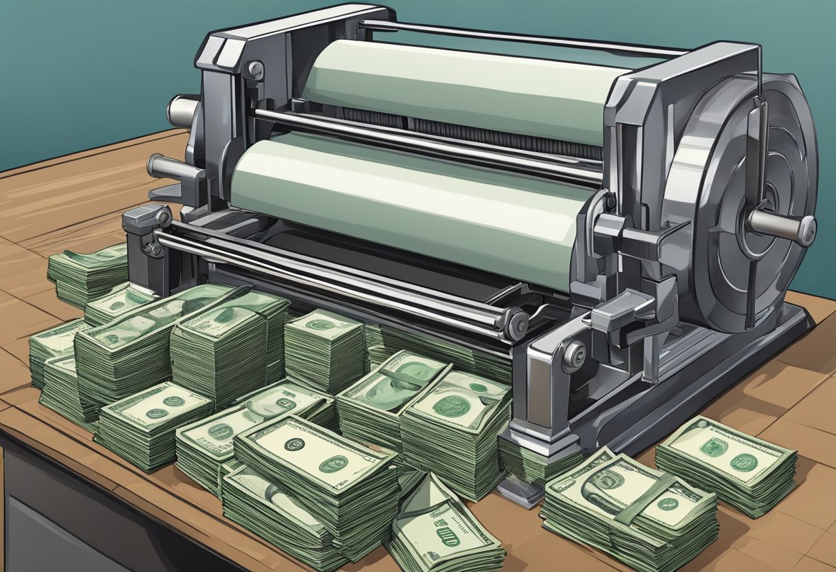 A money press machine in action, producing bills with precision and speed. The method being carefully monitored for potential risks and rewards