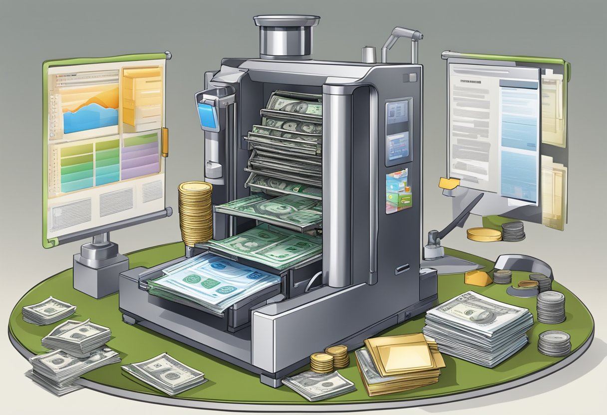 A money press machine in action, surrounded by program components and review materials