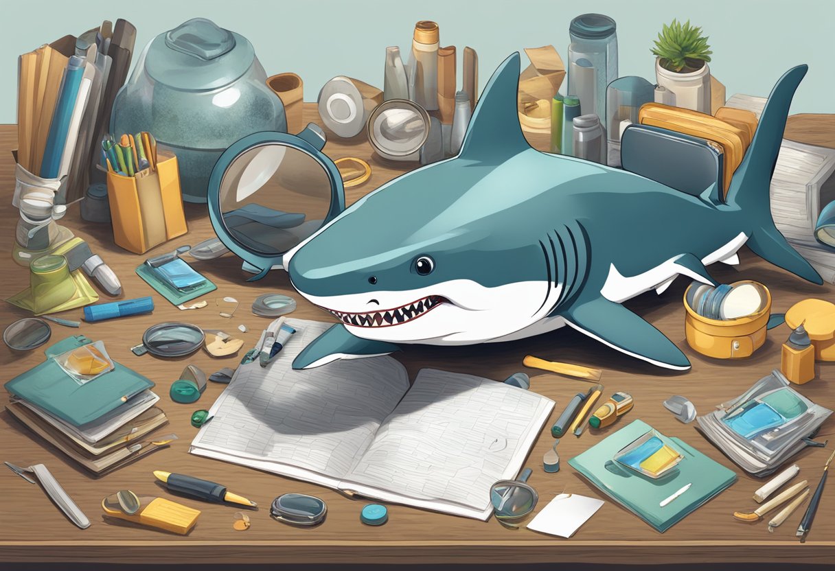 A shark with a magnifying glass examining a product, surrounded by various items for review