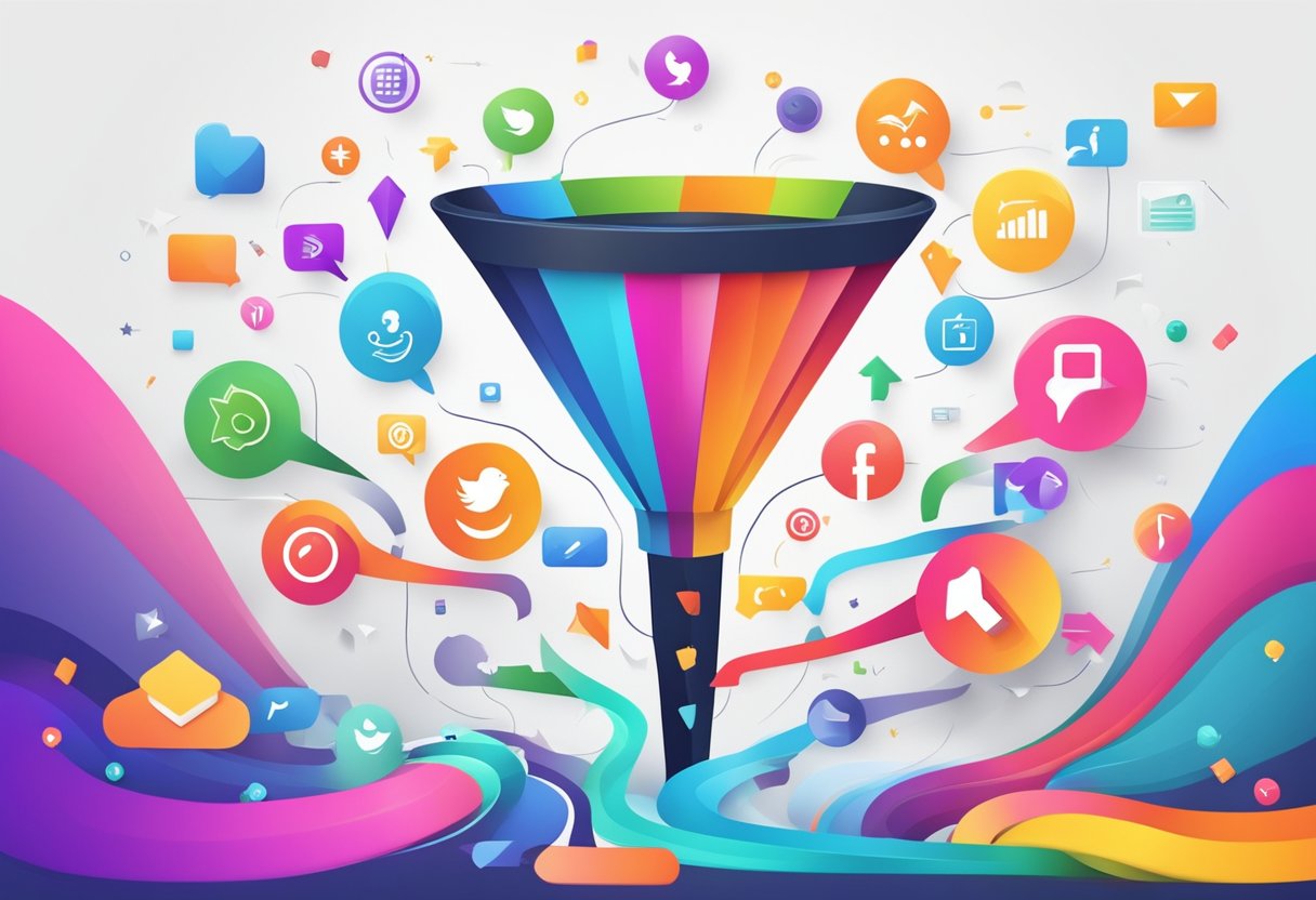 A colorful and dynamic funnel graphic with arrows and vibrant text, surrounded by social media icons and a stream of leads flowing into the funnel