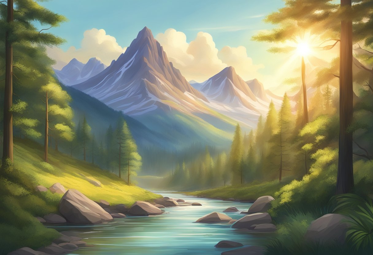 A serene forest with a flowing river, sunlight filtering through the trees, and a majestic mountain in the background