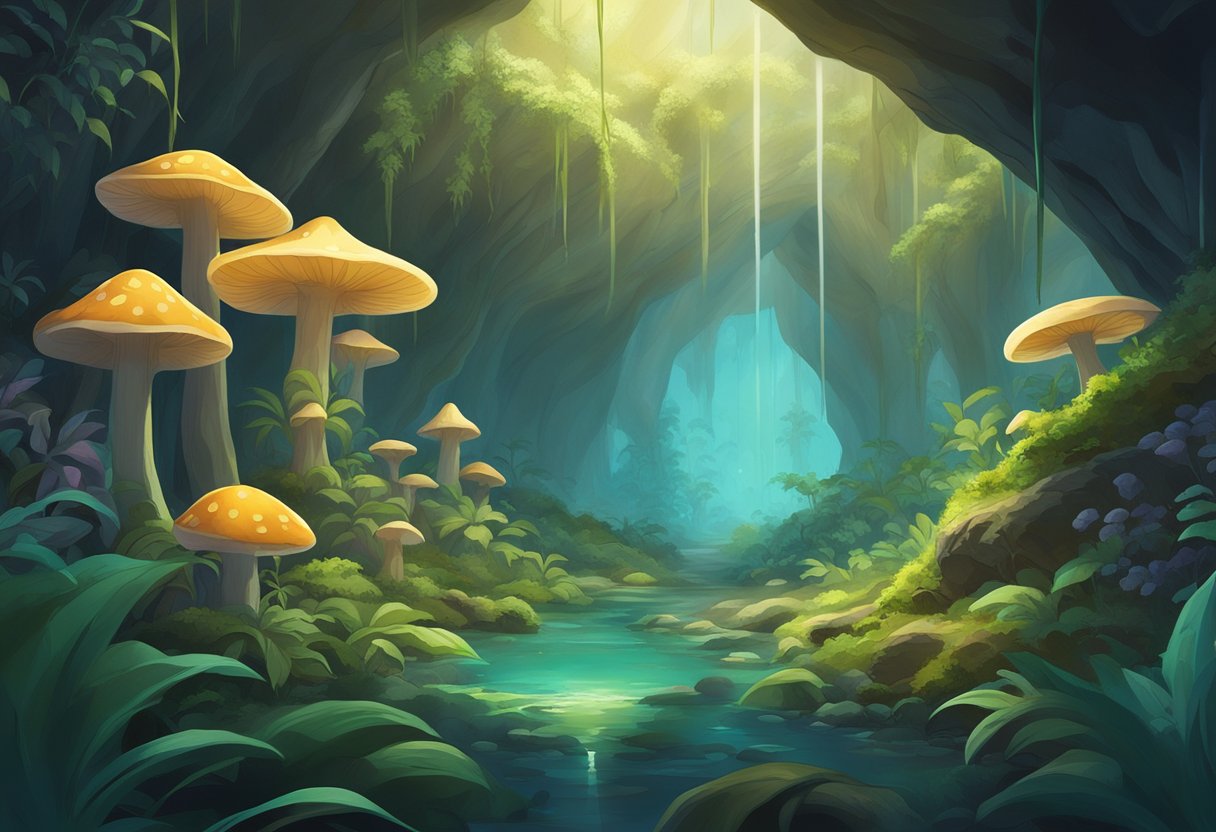 A lush, underground cavern filled with vibrant, towering plants and glowing fungi. The air is thick with humidity and the soft sound of trickling water echoes through the space