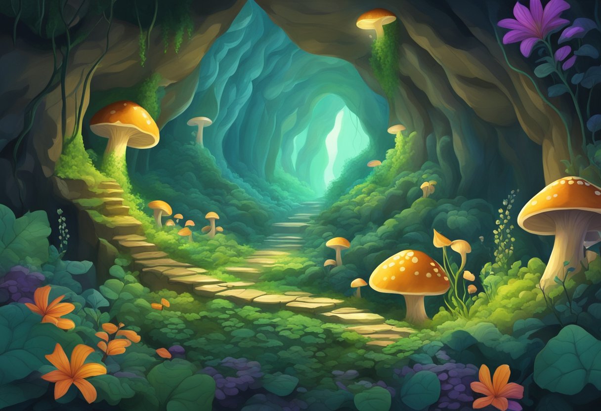 A lush, vibrant cave with winding vines and glowing mushrooms, symbolizing growth and transformation