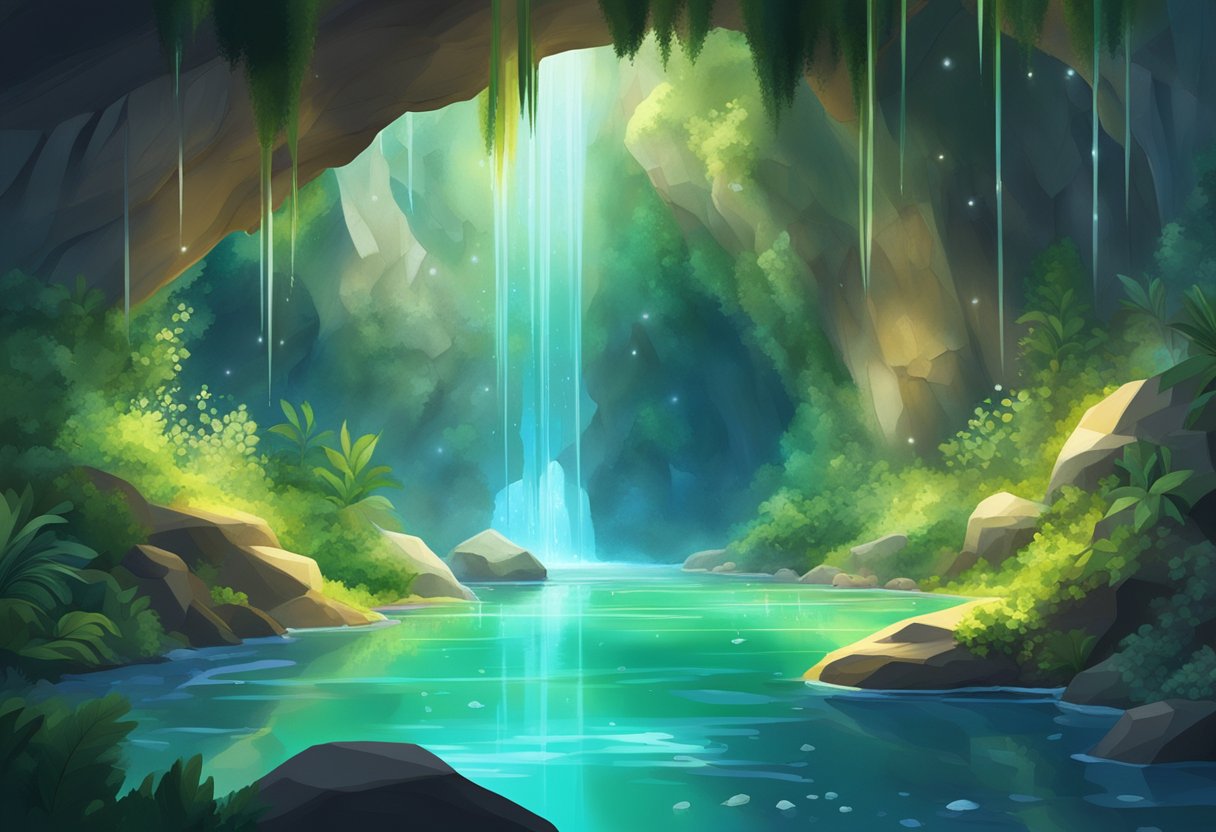 A cave filled with glowing crystals, surrounded by lush greenery and flowing water. Testimonials and positive feedback are displayed on the cave walls, symbolizing the success stories and growth of the community