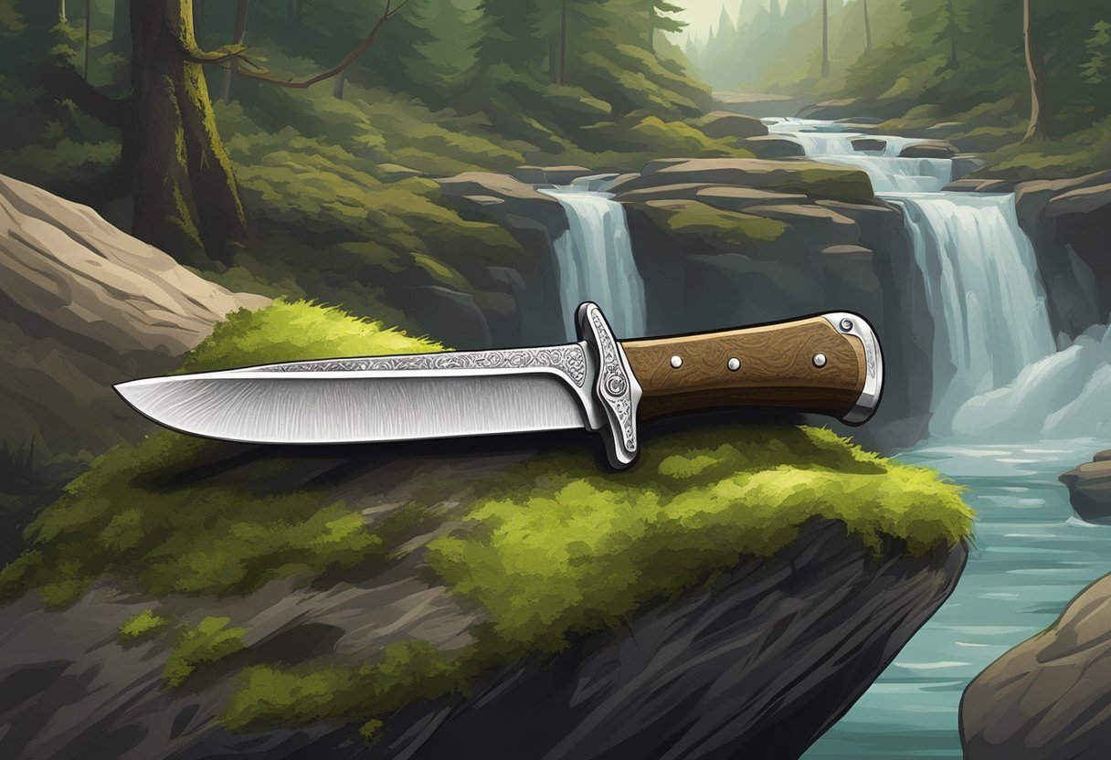 A rustic hunting knife rests on a moss-covered rock, surrounded by dense forest and a flowing river in the background