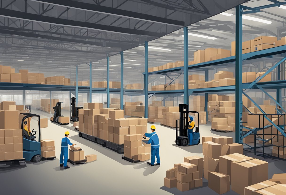 A busy industrial warehouse with workers inspecting and sorting packages at a drop point. Forklifts and conveyor belts in motion