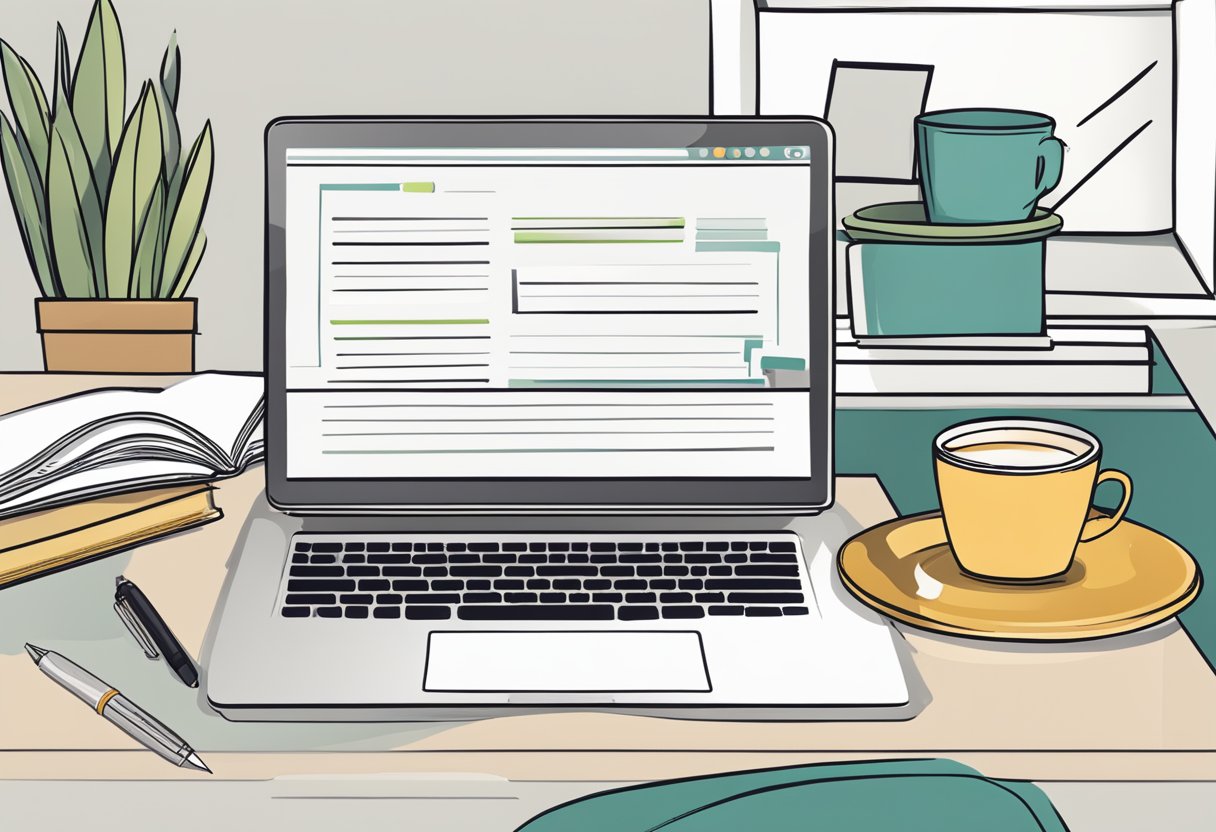 A laptop with the Writer Access website open, surrounded by a cup of coffee, pen, and notepad