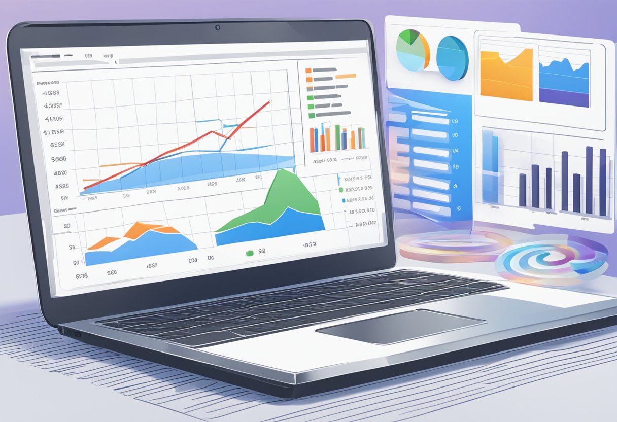 A laptop displaying a graph of pricing, payments, and performance data. A notepad with a pen beside it