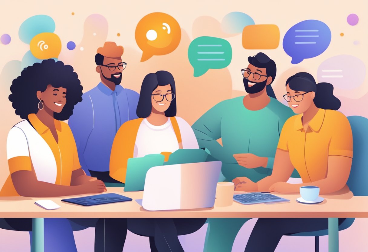 A group of diverse people collaborate online, sharing positive experiences and reviews of an online team-building platform