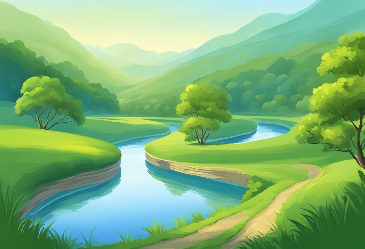 A serene landscape with a winding river, lush greenery, and a clear blue sky, with a sense of tranquility and harmony