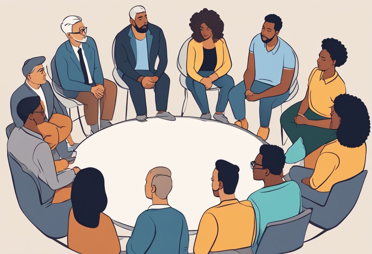 A group of diverse people gather in a circle, engaged in deep conversation and exchanging ideas. A sense of trust and legitimacy is evident in their expressions and body language