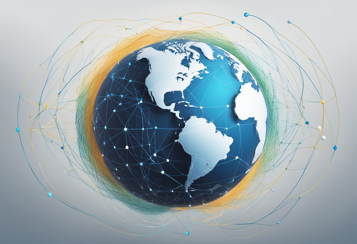 A globe surrounded by interconnected nodes and data streams, symbolizing the worldwide reach of the Global Network