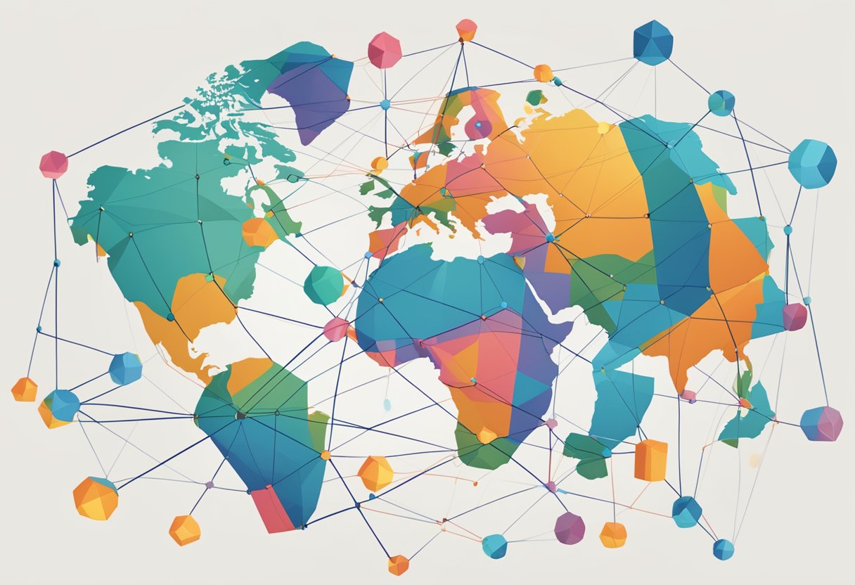 A globe surrounded by interconnected nodes representing global business models